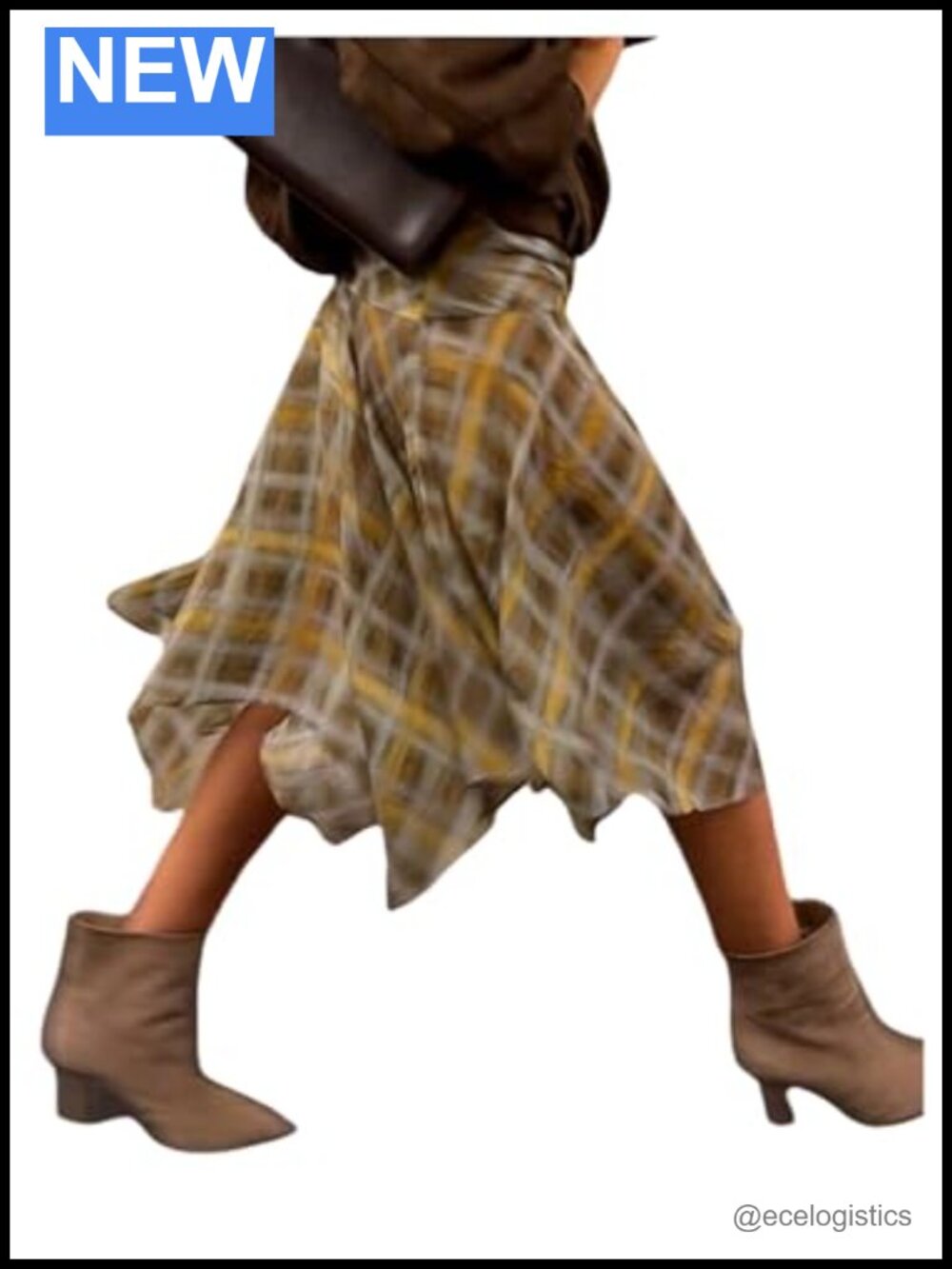 Plaid Midi Skirt Ruffled Asymmetrical Flowy Elastic Waist